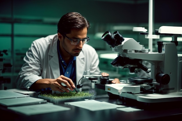 Scientifique examinant la découverte de la biochimie avec un microscope en laboratoire