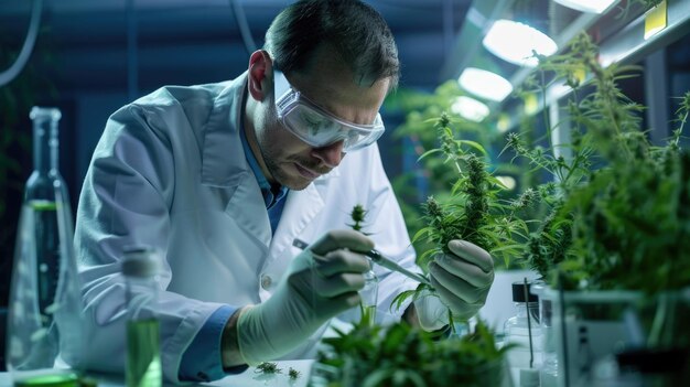 Un scientifique examinant des plantes de cannabis en laboratoire