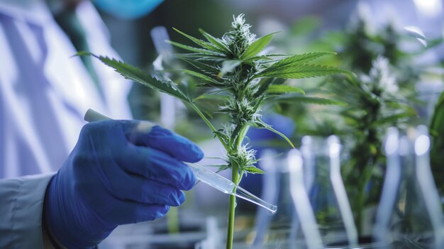 Photo un scientifique examine une plante de cannabis dans un laboratoire à l'aide d'un tube à essai