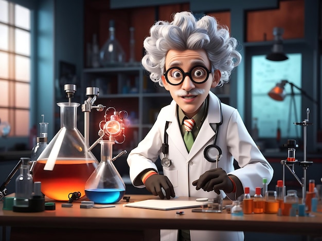 Scientifique fou 3D ou personnage de professeur fou dans un laboratoire scientifique Generate Ai