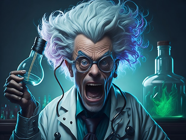 Scientifique fou ou personnage de professeur fou dans un laboratoire scientifique