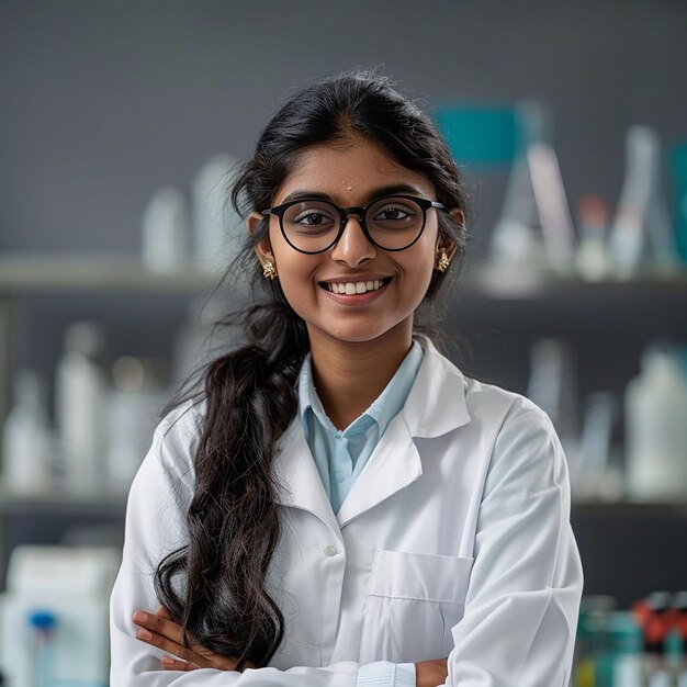 une scientifique avec des lunettes et un manteau de laboratoire