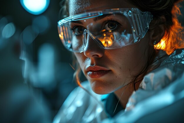 Une scientifique avec des lunettes de protection en laboratoire Une scientifique concentrée travaillant dans un laboratoire moderne