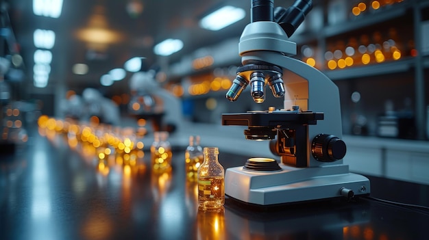 Scientifique en manteau de laboratoire et microscope avec une formation en AI générative de haute technologie