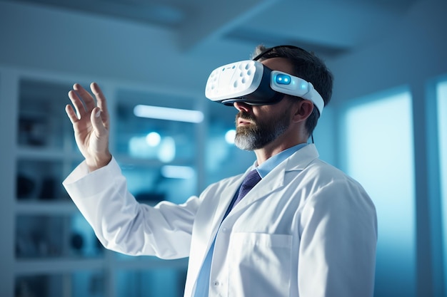 Un scientifique masculin dans une pièce d'un laboratoire avec des lunettes de réalité virtuelle avec IA générative