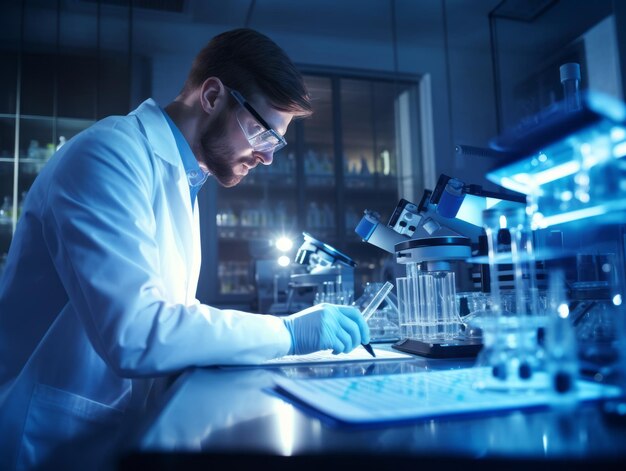 Scientifique masculin menant des expériences dans un laboratoire de haute technologie