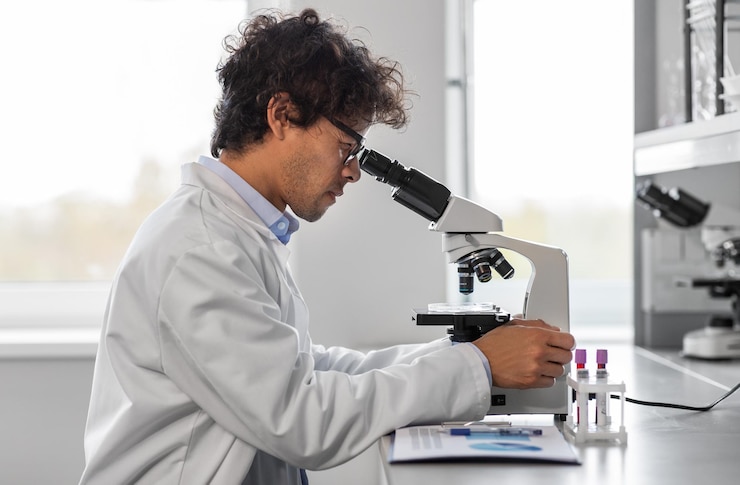 Photo scientifique avec un microscope travaillant dans un laboratoire