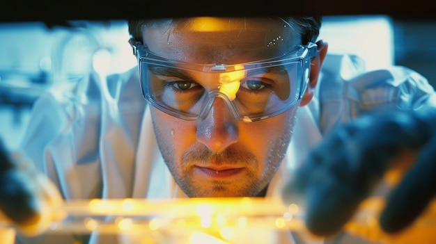 Photo un scientifique portant des lunettes de sécurité et des gants effectuant des expériences dans un laboratoire pour améliorer la