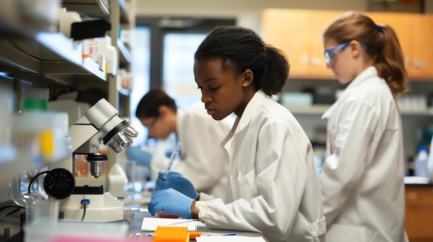 Photo une scientifique portant un manteau de laboratoire et des gants travaille sur une expérience dans un laboratoire.