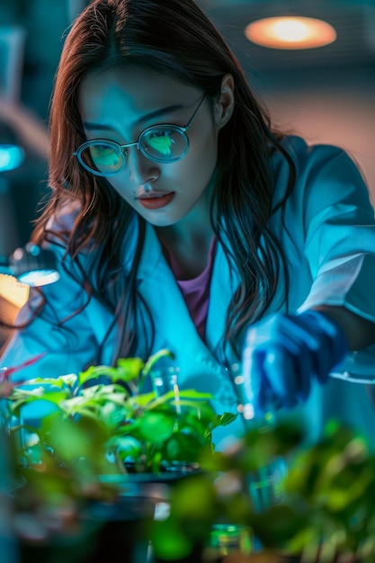 Photo une scientifique professionnelle examine des spécimens végétaux en laboratoire avec un éclairage bleu