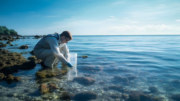 Photo un scientifique recueillant des échantillons d'eau de l'océan pour étudier les niveaux d'acidification