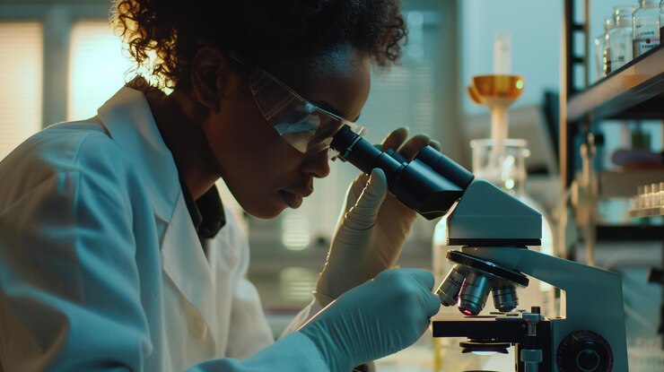 Photo un scientifique regardant à travers un microscope avec un manteau de laboratoire sur