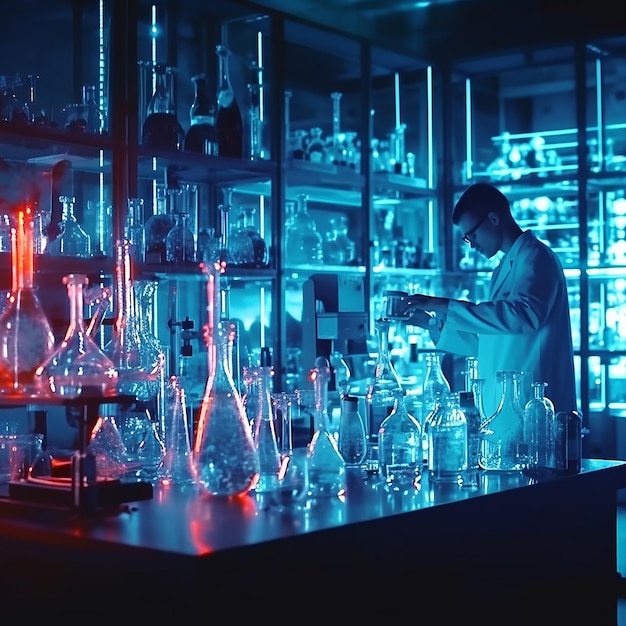 Scientifique scientifique et médical analysant et déposant un échantillon dans une expérience de verrerie