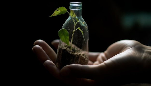 Scientifique tenant une fiole en verre avec un liquide organique pour la croissance des plantes générée par l'IA