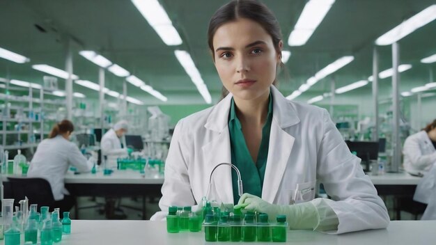 Une scientifique tenant une solution verte pendant qu'elle entend l'équipe travailler en arrière-plan