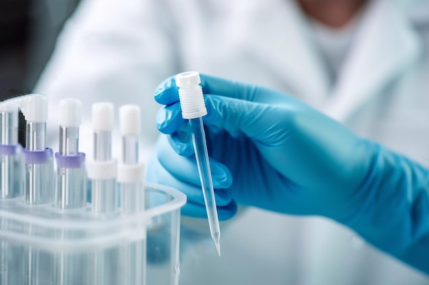 Un scientifique tenant un tube d'essai avec un échantillon de sang en laboratoire en gros plan AI générative