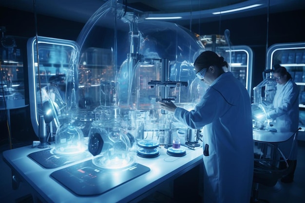 scientifique travaillant dans un laboratoire avec un fond bleu et un microscope