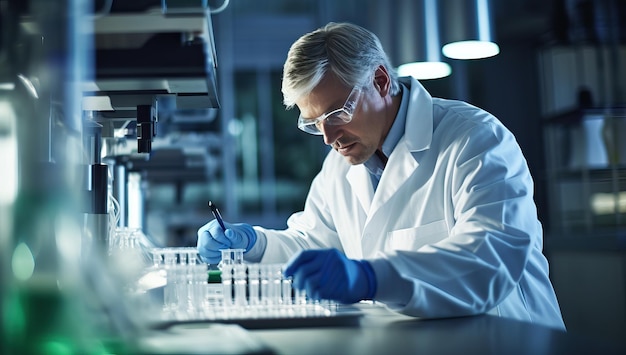 Scientifique travaillant en laboratoire Chercheur mâle mature et confiant effectuant des recherches scientifiques en laboratoire