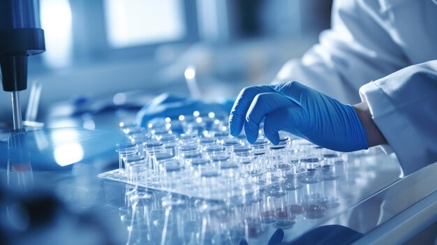 Un scientifique travaille avec des éprouvettes dans un laboratoire Enquêtes chimiques et biologiques dans le laboratoire