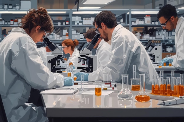 Des scientifiques en blouse de laboratoire effectuant des recherches dans un laboratoire