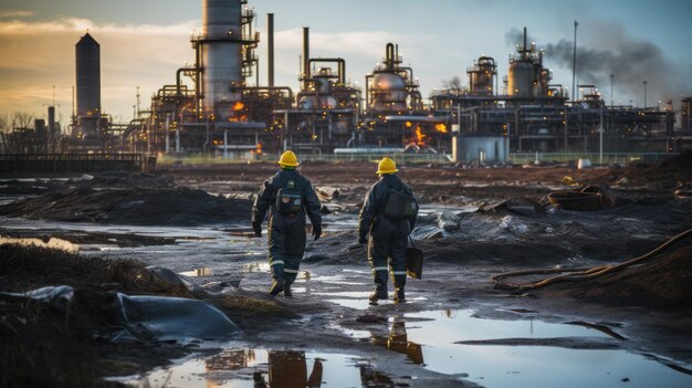 Des scientifiques de l'environnement étudient les polluants ou contaminants dangereux dans l'industrie du raffinage du pétrole