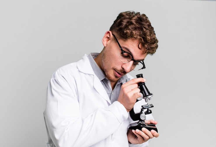 Photo scientifiques étudiant jeune homme caucasien adulte