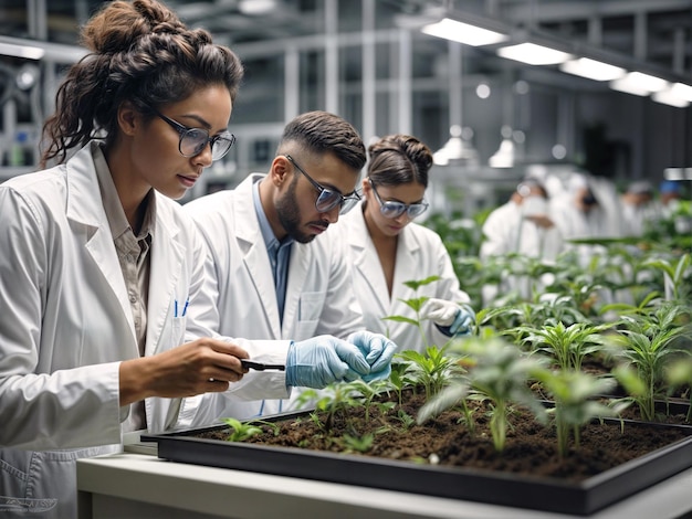 Des scientifiques étudient des plantes en laboratoire. Une femme afro-américaine vérifie le contrôle de la qualité du travail.