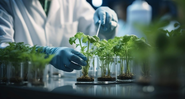 Des scientifiques étudient les plantes vertes en laboratoire en combinant nature et biotechnologie