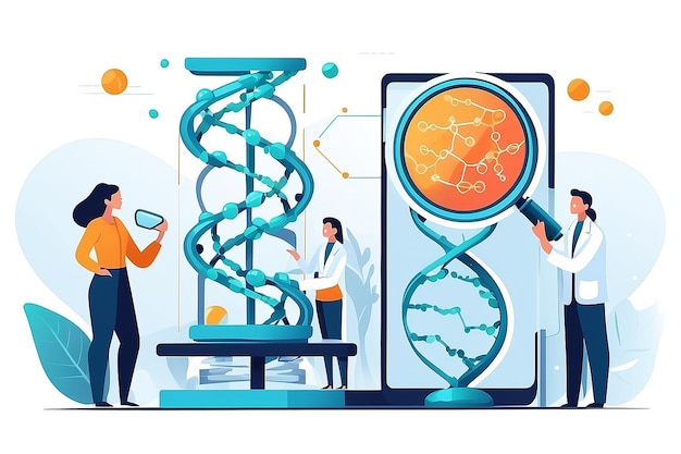 Photo des scientifiques travaillant sur l'analyse de l'adn des employés de l'ingénierie génétique vérifiant la structure de la chaîne d'adn avec une loupe