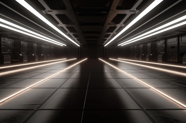 Scifi Big Wide Hall avec lumières incandescentes et sol réfléchissant au laser