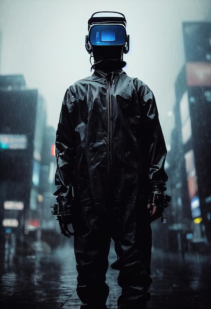 Scifi cyberpunk dans la ville pluvieuse du futur Homme futuriste high-tech du futur