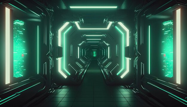 Scifi futuriste illuminé tunnel lumineux au néon IA générative