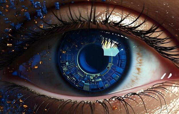 Scifi Futuristic Cyborg Woman's eye avec technologie bionique lentille de contact intelligente avec implants biométriques de la rétine Generative Ai