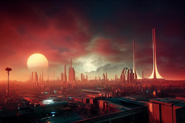 SciFi Futuristic Technologic Metropolis Skyline sur l'illustration de l'art de la planète rouge