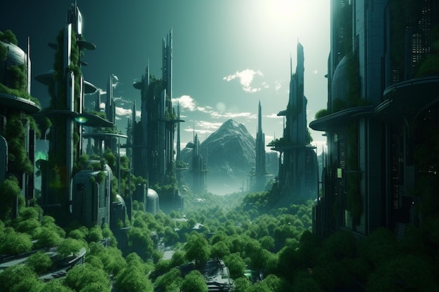 Photo scifi green utopia futuristic city environmentalism concept 3d art illustration