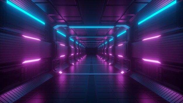 Scifi tunnel lueur bleue et rose avec reflets rendu 3D