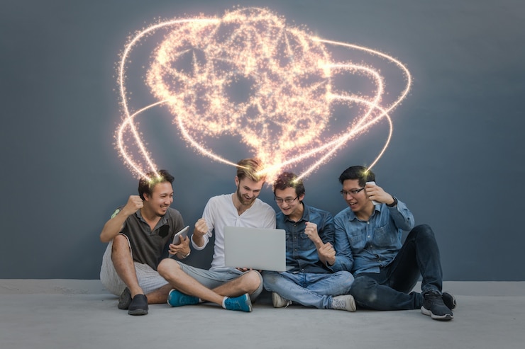 Photo scintillement de la forme du cerveau d&#39;une intelligence artificielle sur group of asian