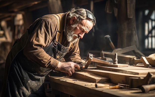 La sciure de bois vole pendant que le charpentier façonne le bois