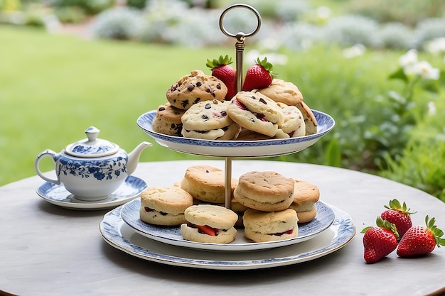 Photo scones sur un plateau à deux niveaux avec une théière et un fond de tasse