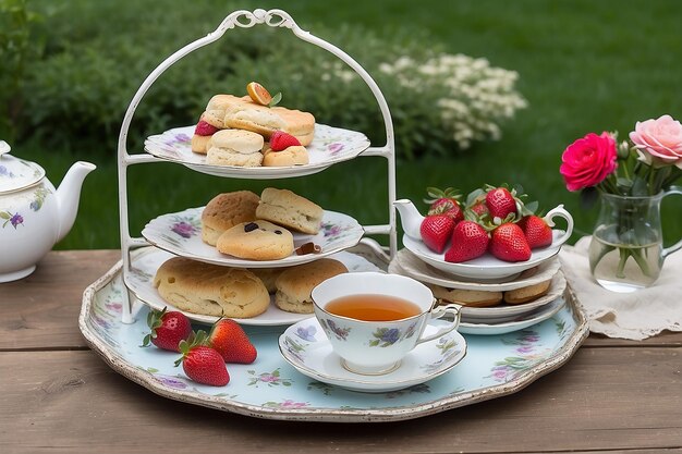 Photo scones sur un plateau à deux niveaux avec une théière et un fond de tasse