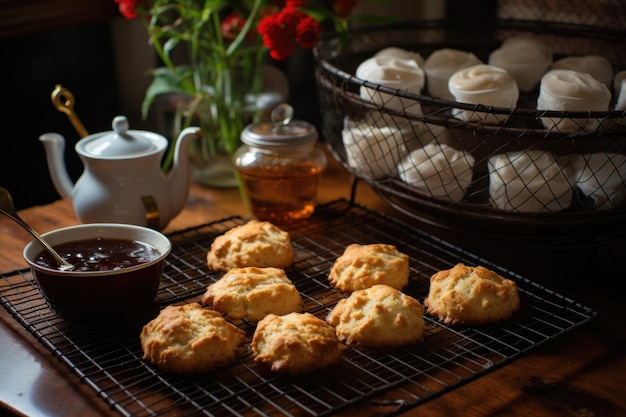 Scones refroidissement sur un rack de fil avec la configuration de thé