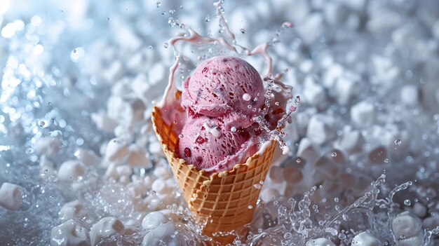 Photo a scoop of ice cream in a cone is splashing water