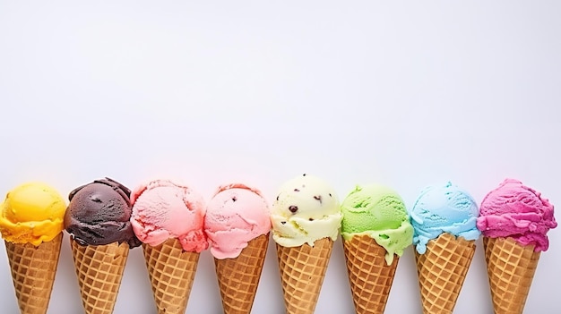 Des scoops de crème glacée de différentes couleurs dans des cônes de gaufres sur fond blanc