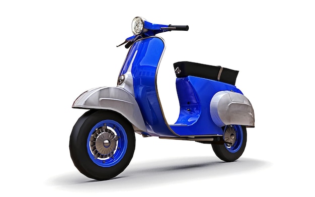 Scooter bleu européen vintage sur fond blanc. rendu 3D.