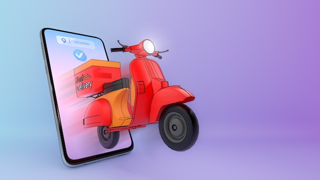 Photo scooter d'éjecté d'un téléphone mobile., concept de service de livraison rapide et shopping en ligne.