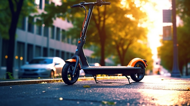Scooter électrique arrière-plan d'une grande rue de la ville le concept de transport écologique