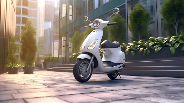 Un scooter électrique moderne zoomant le long d'une rue de la ville futuriste entourée de bâtiments élégants ornés de jardins verticaux