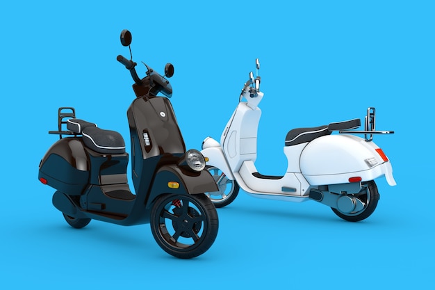 Scooter électrique ou rétro vintage classique noir et blanc sur fond bleu rendu 3d