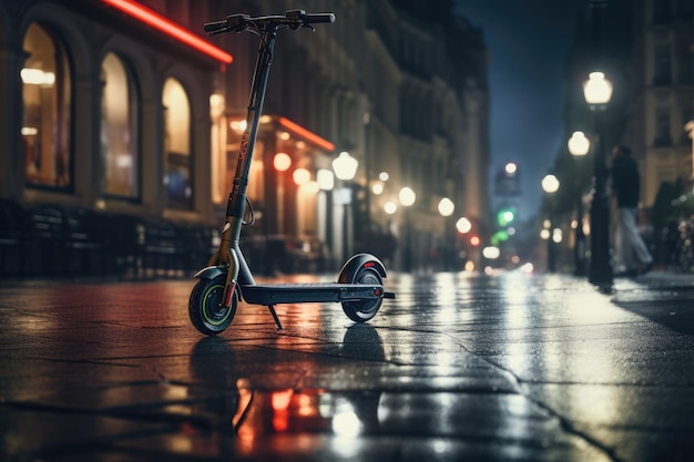 Scooter électrique sur une rue de nuit de la ville scooter électrique dans le paysage de la ville debout sur la route scooter électrique en ville généré par l'IA