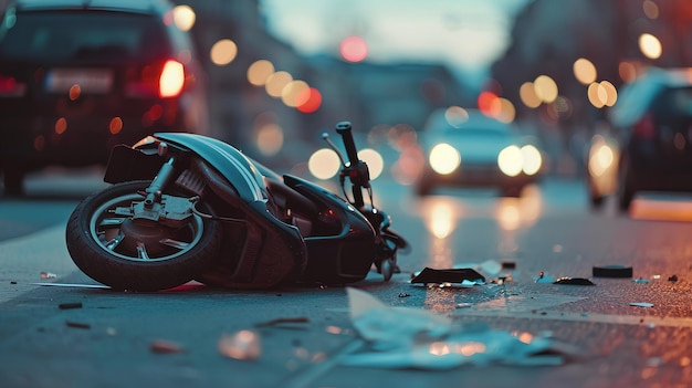 Un scooter est allongé sur le sol après avoir été heurté par une voiture dans une rue de la ville.